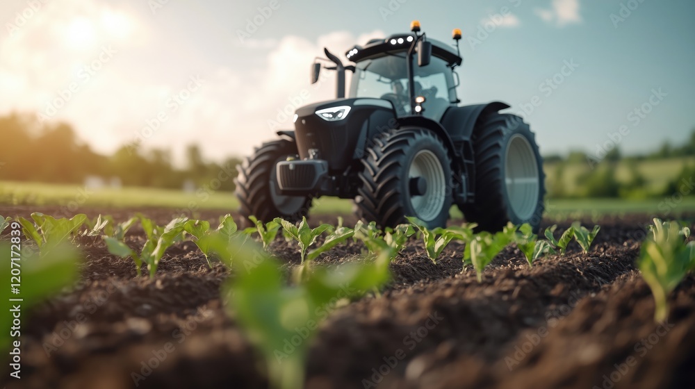 Obraz premium modern tractor is engaged in agricultural work in vegetable gardens and on farms. plowing the land