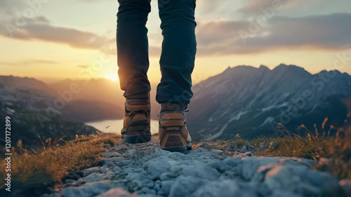 close up of male legs in hiking boots walking on the top of mountain