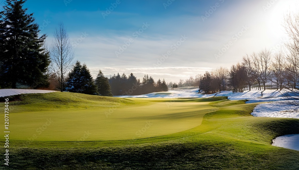 green golf course in the winter at the morning green golf course in the winter at the morning
