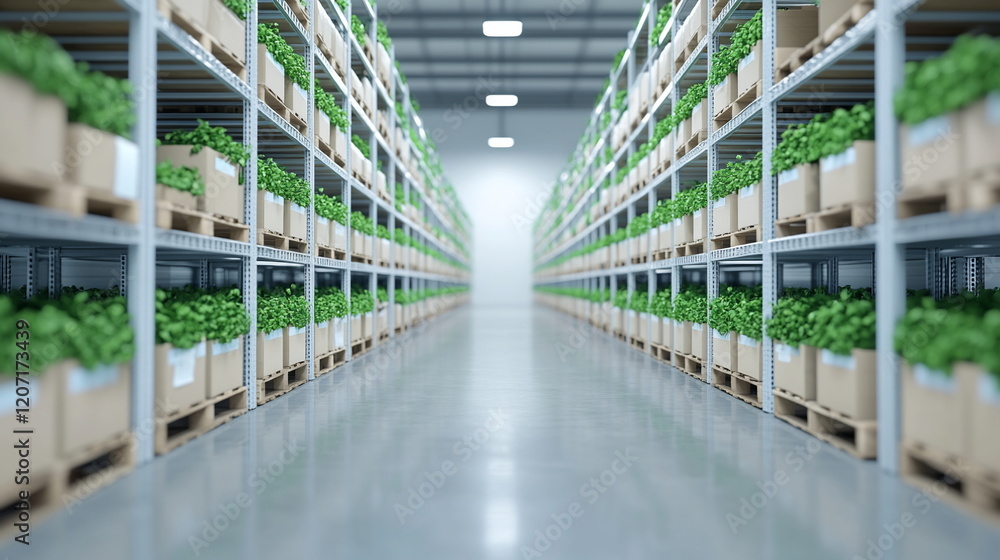 Fototapeta premium Green Herbs Growing in Shelves of Modern Indoor Hydroponic Farm Storage