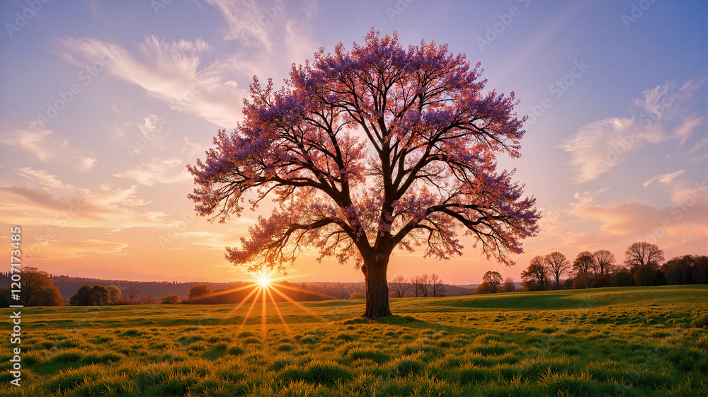 Obraz premium Lone cherry blossom tree in sunset glow