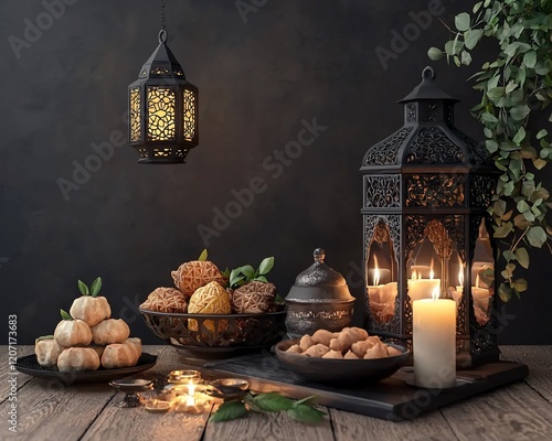 Festive Ramadan scene with lanterns, sweets, and candles. photo