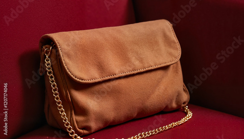 Stylish brown handbag with a chain strap resting on a red fabric couch photo