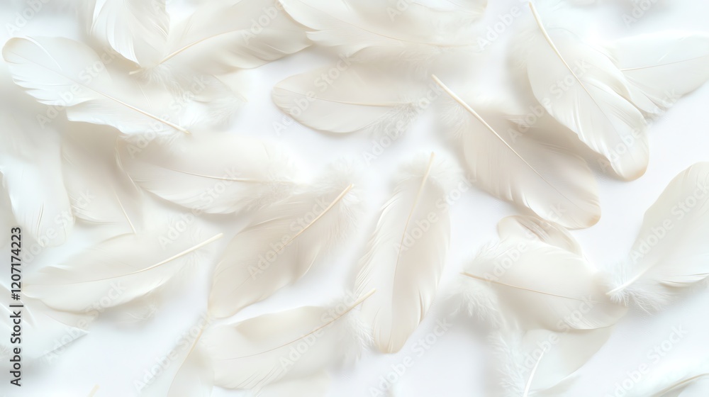 White feathers scattered on a white background. White feathers scattered on a white background.