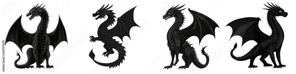 Obraz premium Dramatic black silhouettes of mythical dragon creatures with outstretched wings in a dark epic and powerful visual design These fantasy beasts convey a sense of magic mystery and the supernatural