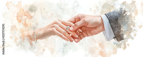 Close up of hands exchanging wedding rings, symbolizing love and commitment in soft, artistic style. beautiful moment captured in romantic setting