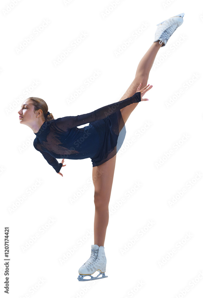 Fototapeta premium Elegant, talented, beautiful teen girl in dark blue stage costume, figure skater performing isolated on transparent background. Concept of professional sport, performance, art, youth