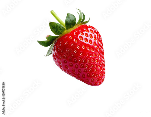 Transparent PNG format, single red strawberry with seeds, green calyx, realistic style, high resolution, isolated, clean edges, no background, vivid colors, natural texture, fresh appearance.

