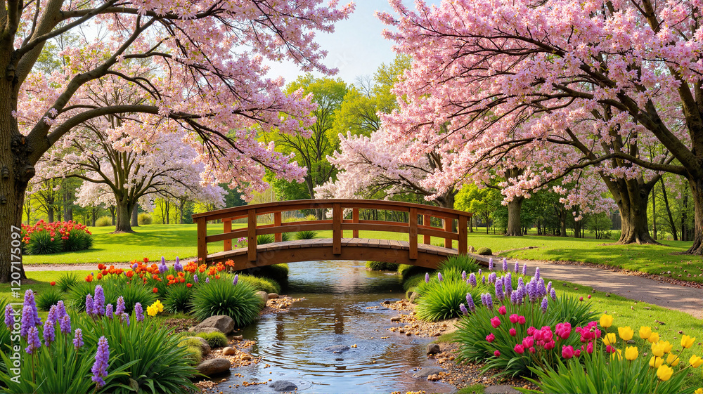Wooden bridge over a stream with cherry blossoms in bloom Wooden bridge over a stream with cherry blossoms in bloom