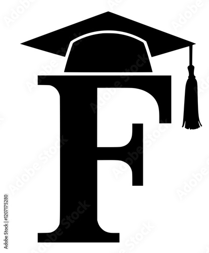 Letter F with graduation cap icon, Black and white graphic of the letter F wearing a graduation cap, symbolizing education, academic success, learning, and scholarly achievement.  
  
