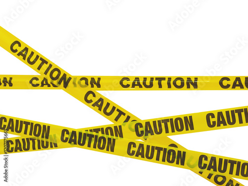 Set of yellow warning tape and black word caution isolated on white. photo