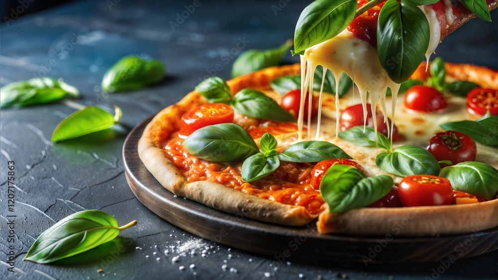 Cheesy Margherita Pizza with Basil and Tomatoes on Rustic Table.. Cheesy Margherita Pizza with Basil and Tomatoes on Rustic Table..