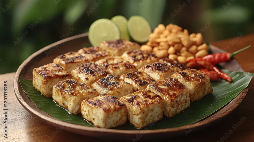 Grilled tofu cubes served with peanuts, chili, and lime wedges on a wooden platter. Grilled tofu cubes served with peanuts, chili, and lime wedges on a wooden platter.
