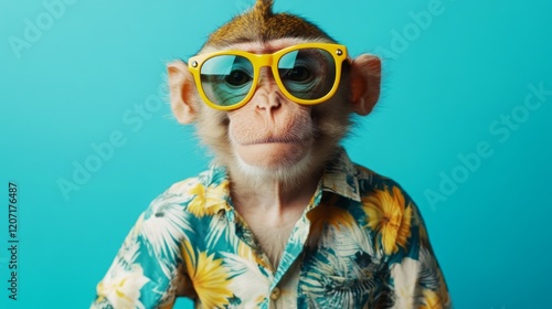 Monkey portrait wearing yellow glasses and a shirt with floral design against blue background photo