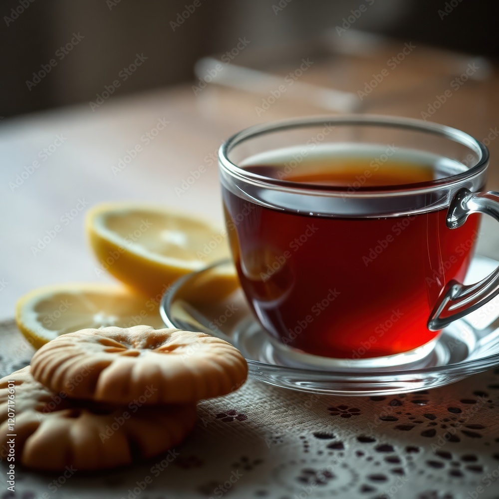 Warm cup of tea with lemon slices and buttery cookies. Perfect afternoon treat! Warm cup of tea with lemon slices and buttery cookies. Perfect afternoon treat!