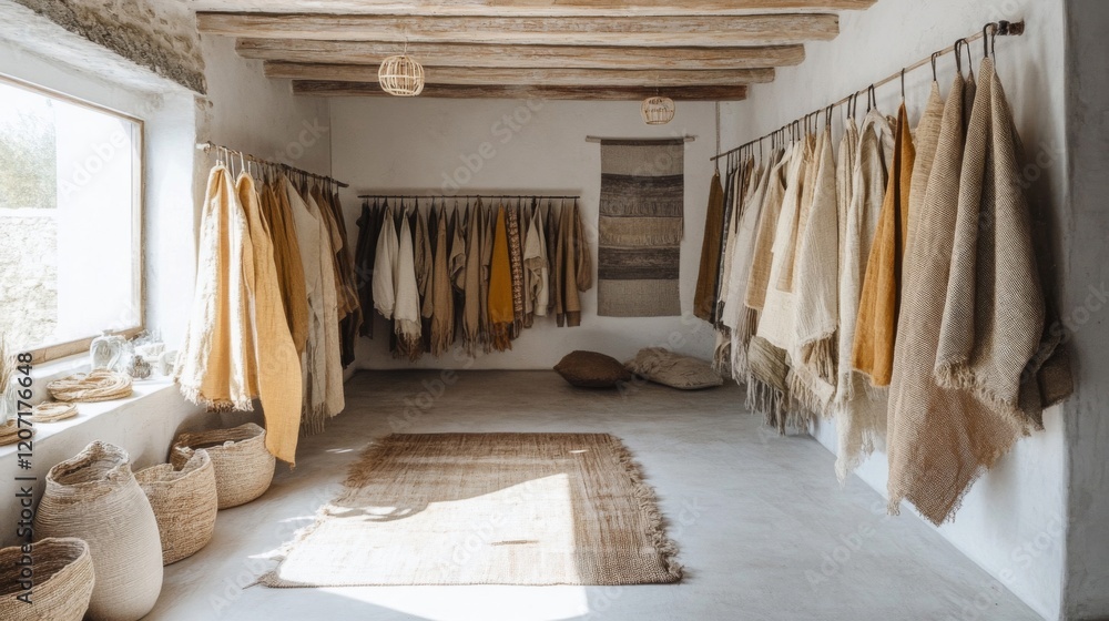 Sunlit Room Displaying Neutral-toned Clothing and Textiles Sunlit Room Displaying Neutral-toned Clothing and Textiles