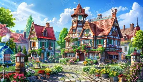 Fototapeta Naklejka Na Ścianę i Meble -  A charming village street with cobblestone road and colorful houses, surrounded by lush greenery and flowers, under a bright blue sky.