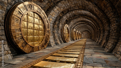 Mysterious Underground Vault with Golden Doors and Stone Passageway
