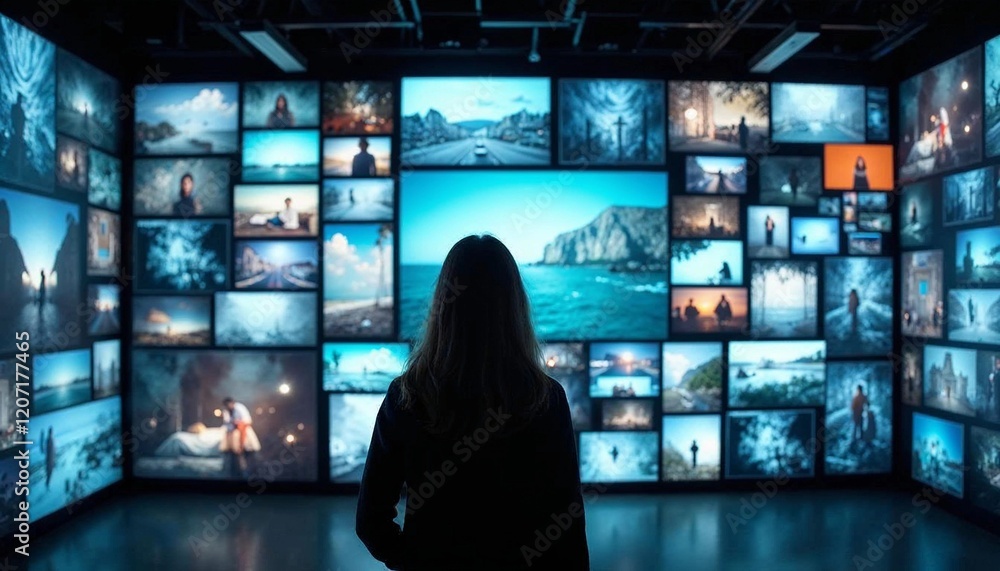 Woman stands captivated before a wall of vibrant screens showing many different scenes Woman stands captivated before a wall of vibrant screens showing many different scenes