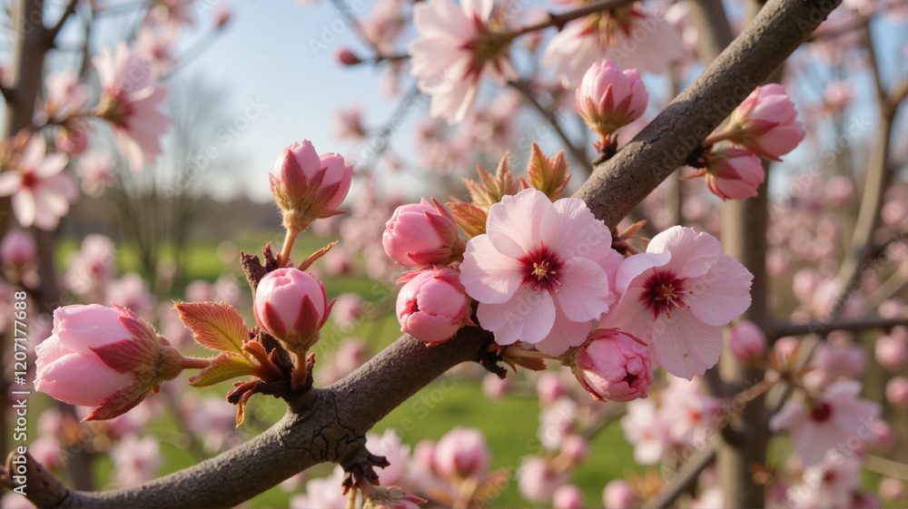 Pink cherry blossoms on tree branch in spring sunshine Pink cherry blossoms on tree branch in spring sunshine