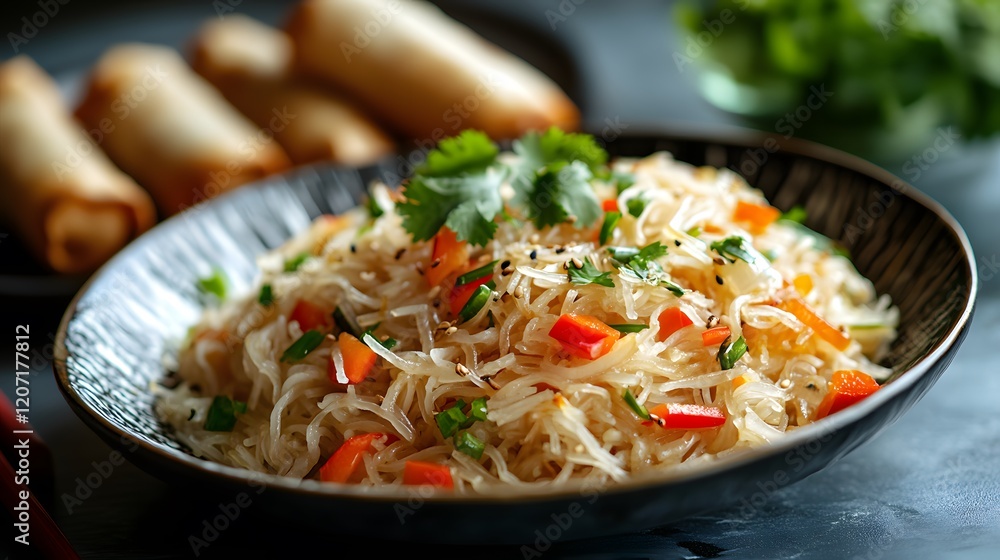 Delicious Fried Rice Noodles and Spring Rolls Delicious Fried Rice Noodles and Spring Rolls