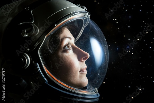 Exploration and wonder in deep space as a female astronaut gazes at distant planets and twinkling stars. Generative AI photo