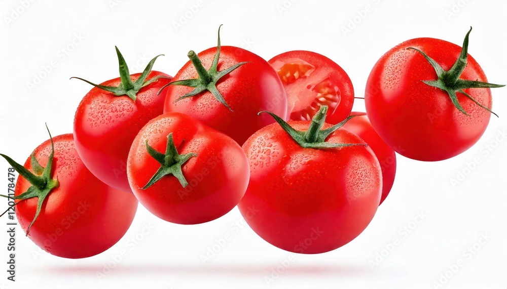 Fresh Tomatoes Isolated on White Background with Clipping Path – Creative Food Concept Fresh Tomatoes Isolated on White Background with Clipping Path – Creative Food Concept