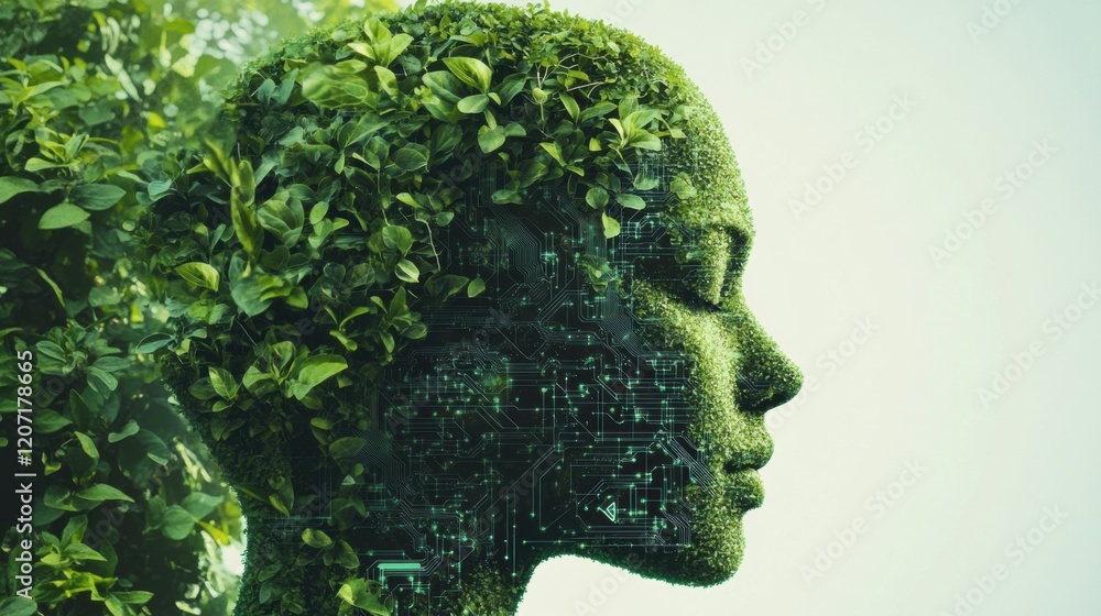 A creative fusion of nature and technology, showing a human silhouette made entirely of lush green leaves and plants, with subtle tech-inspired elements like circuits woven into the foliage. A creative fusion of nature and technology, showing a human silhouette made entirely of lush green leaves and plants, with subtle tech-inspired elements like circuits woven into the foliage.