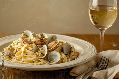 Creamy pasta with clams and white wine. (1) photo