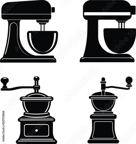Stand mixer and Spice Grinder silhouette illustration.