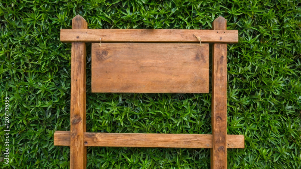Fototapeta premium A wooden blank plate is located on a green nature background. Natural wood textures emphasize ecology and harmony with the environment.