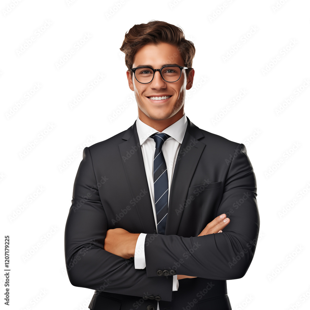 Professional businessman standing with arms crossed, isolated background, digital illustration for website UI background Professional businessman standing with arms crossed, isolated background, digital illustration for website UI background