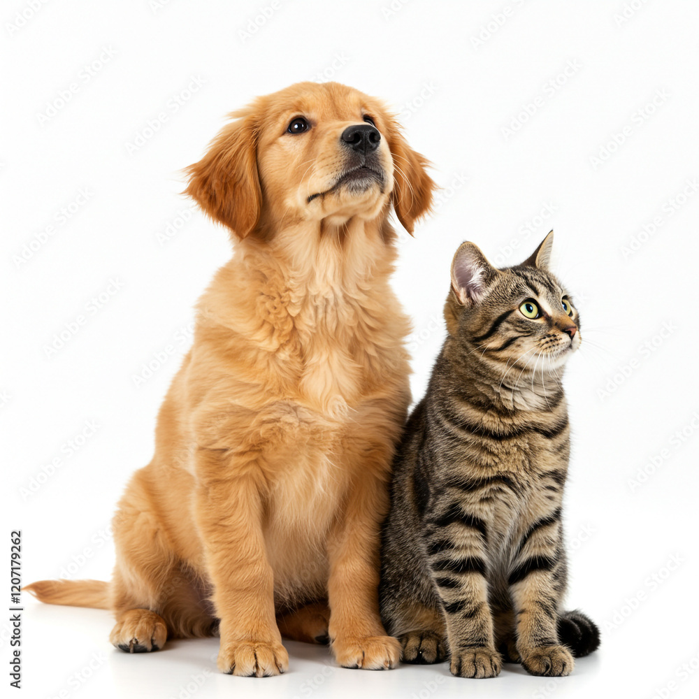 A golden retriever puppy looking up while a tabby cat gazes off to the side, both seated on a simple white background, showing their individual personalities A golden retriever puppy looking up while a tabby cat gazes off to the side, both seated on a simple white background, showing their individual personalities