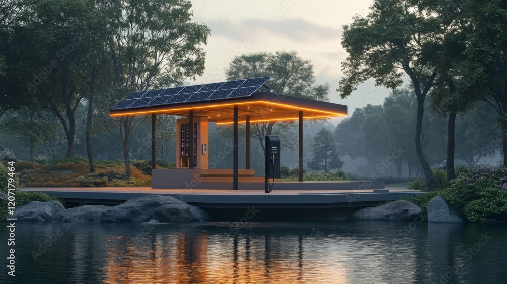 Fototapeta premium Solar Powered Bus Stop Pavilion in a Serene Park Setting