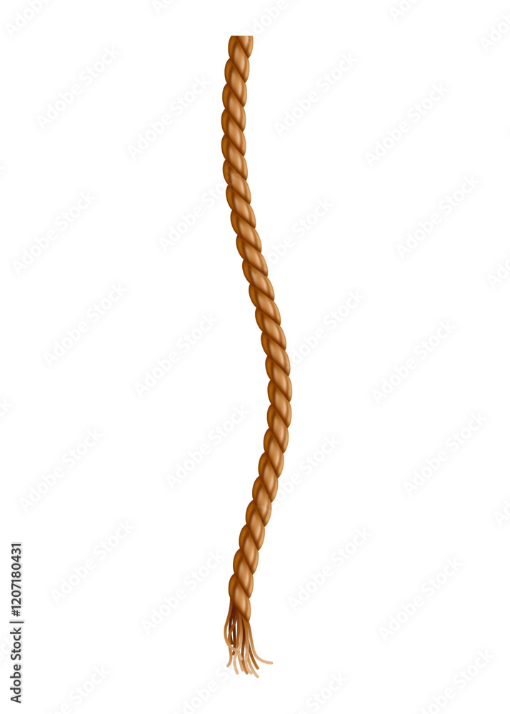 Hanging rope with tassel. Knitted nautical thread or marine vertical fiber. Textile tassel hang at rope isolated on white background. Vector illustration