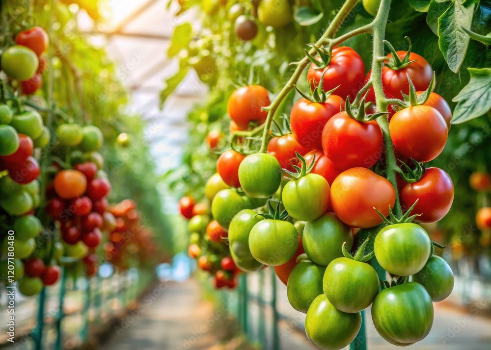 Greenhouse-grown tomatoes: vibrant red fruit bursting from verdant vines, a summer bounty. Greenhouse-grown tomatoes: vibrant red fruit bursting from verdant vines, a summer bounty.