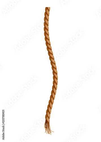 Obraz na płótnie Hanging rope with tassel. Knitted nautical thread or marine vertical fiber. Textile tassel hang at rope isolated on white background. Vector illustration w salonie