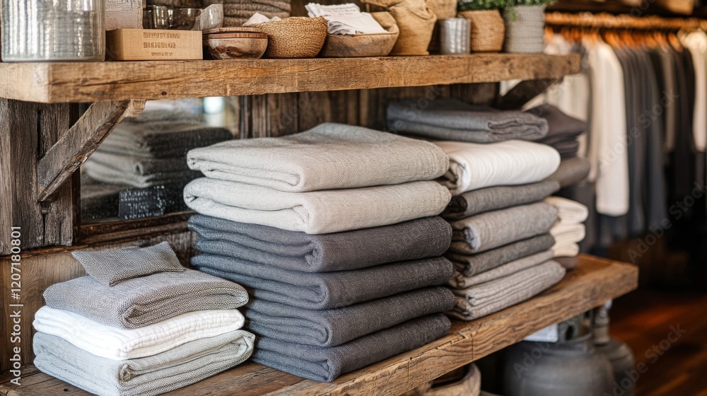Rustic Wooden Shelf Display of Soft Neutral Towels