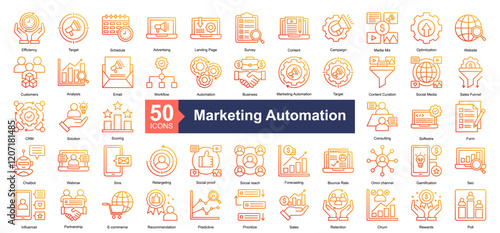 Marketing Automation Icon Collection Set.Containing Efficiency, Target, Schedule, Advertising, Landing Page, Survey, Content, Campaign icon. Simple line gradient style Vector Illustration.	