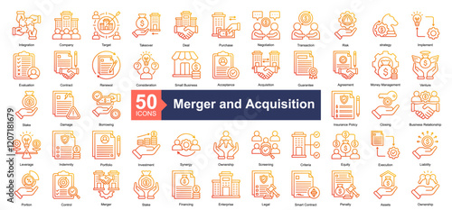 Merger and Acquisition Icon Collection Set.Containing Integration, Company, Target, Takeover, Deal, Purchase, Negotiation, Transaction icon. Simple line gradient style Vector Illustration.	