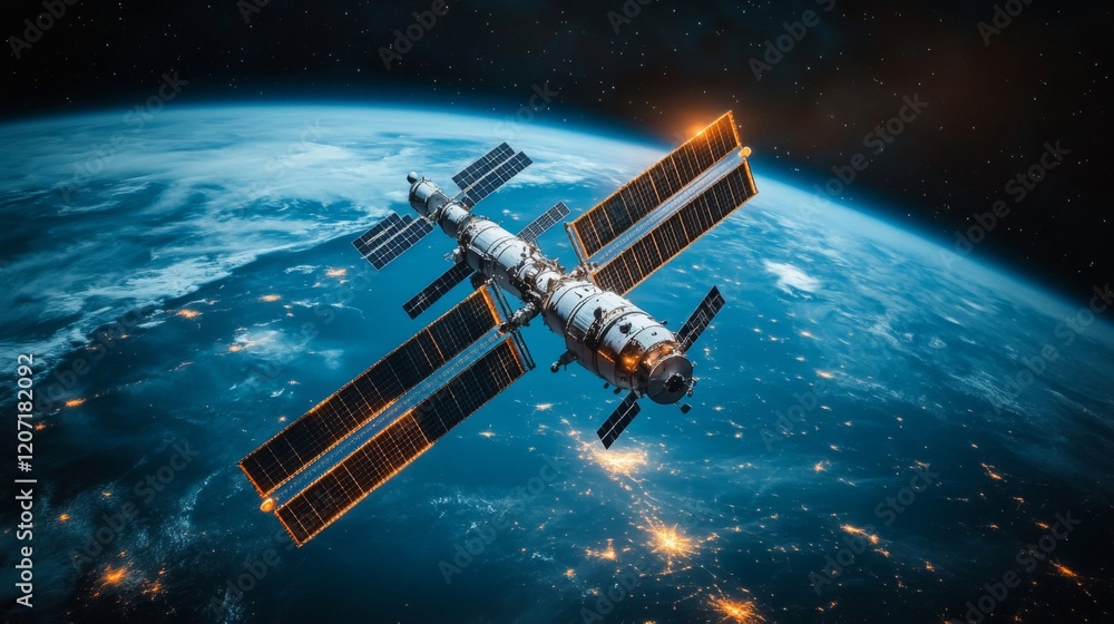 Obraz premium Space Station Orbiting Earth at Night