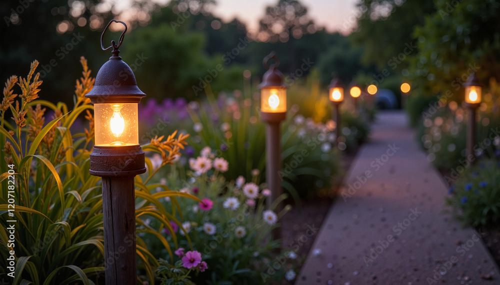 Rustic lantern illuminating garden pathway at dusk, enchanting ambiance Rustic lantern illuminating garden pathway at dusk, enchanting ambiance