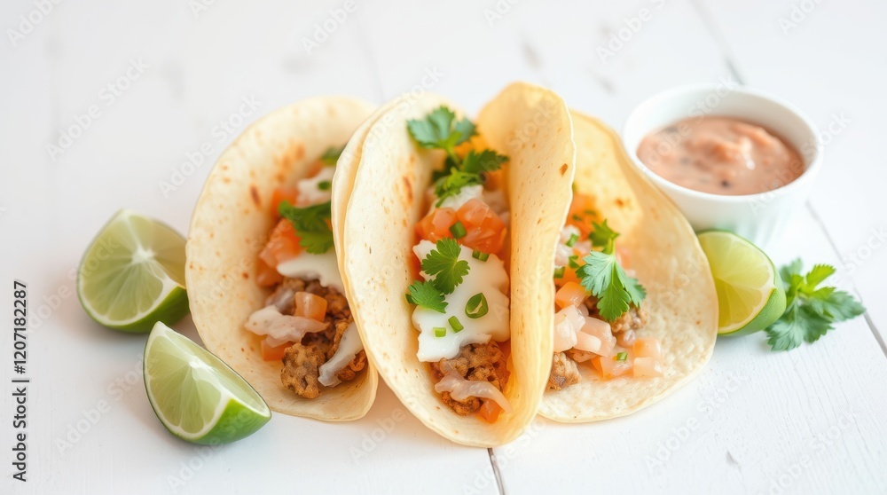 Delicious tacos with seasoned meat, fresh tomatoes, and a creamy sauce. Garnished with cilantro and lime wedges. Perfect lunch or dinner! Delicious tacos with seasoned meat, fresh tomatoes, and a creamy sauce. Garnished with cilantro and lime wedges. Perfect lunch or dinner!