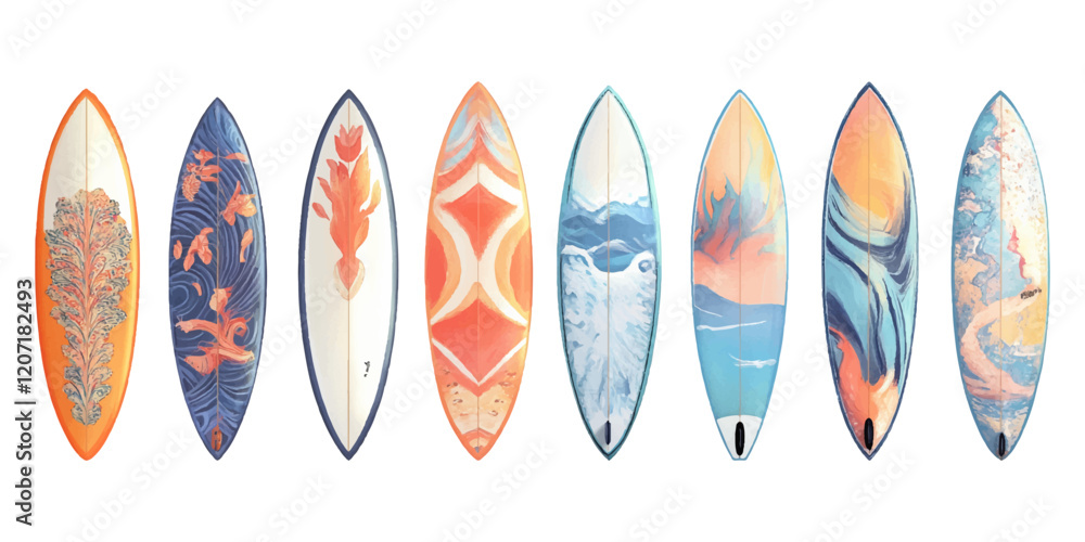 A set of surfboards with colorful patterns, isolated on a white background. A set of surfboards with colorful patterns, isolated on a white background.