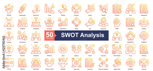 SWOT Analysis Icon Collection Set.Containing Strength, Weaknesses, Opportunity, Threat, Strategy, Business icon. Simple line gradient style Vector Illustration.	