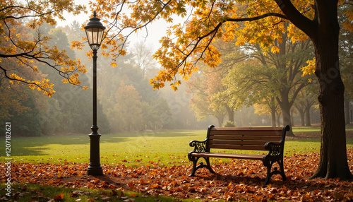 Charming antique street lamp by park bench in serene city park, nostalgia