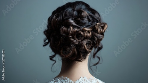 A curly hair updo with pinned curls and soft tendrils framing the face, creating an elegant and polished style photo