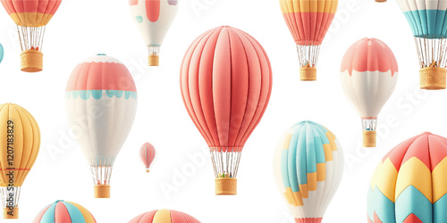 A set of hot air balloons in different colors on a white background