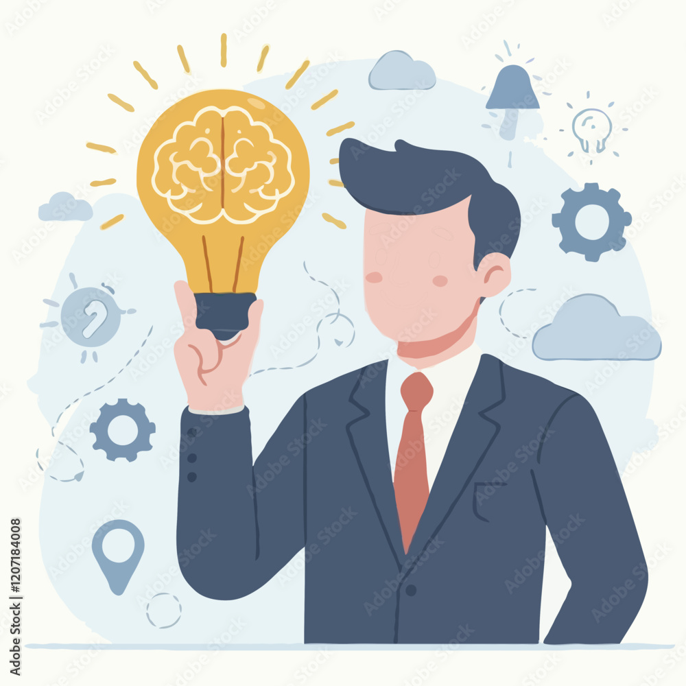 The image shows a young man in a suit holding up a light bulb with a brain inside it. The man is smiling and appears to be happy. The image shows a young man in a suit holding up a light bulb with a brain inside it. The man is smiling and appears to be happy.