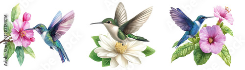 Exquisite watercolor illustration featuring three vibrant hummingbirds in flight, delicately interacting with magnolia and hibiscus blossoms. On transparent background